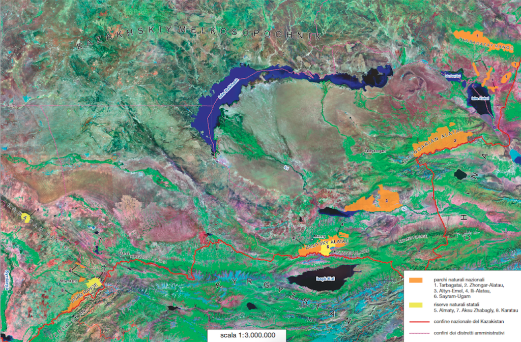 Carta del Kazakistan con in evidenza l’ambito territoriale delle foreste dei meli selvatici, dei parchi naturali nazionali e delle riserve naturali statali (elaborazione a cura di Natalya Ogar).