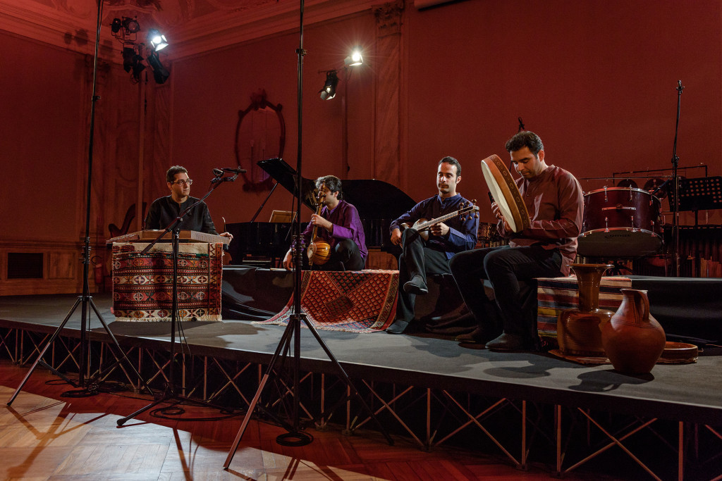 Mehraein Ensemble, Left to Right: Karen Keyhani (santour), Saman Samimi (kamanche), Milad Mohammadi (tar), Mohammadreza Raeesi (Iranian Percussions: daf, tombak, dayereh, kuzeh, bendir),Venice Biennale 2016, Photographer: Andrea Avezzu
