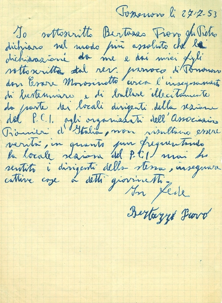 Lettera manoscritta del 1953 in cui un cittadino di Pozzonovo smentisce le accuse del parroco contro l'educazione impartita nella sezione locale del PCI e dei Pionieri.