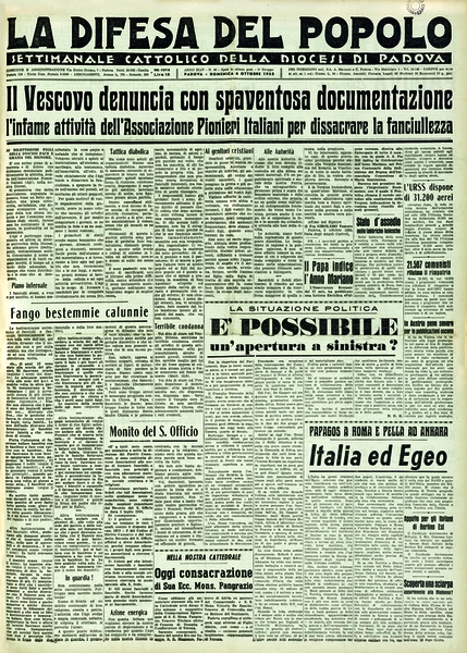 Prima pagina del settimanale cattolico "La Difesa del Popolo" del 1953 con il titolo: "Il Vescovo denuncia l'infame attività dell'Associazione Pionieri Italiani