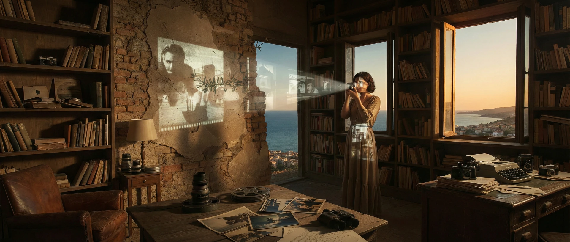 Rappresentazione artistica del cinema mediterraneo con proiezioni d'epoca in una biblioteca affacciata sul mare