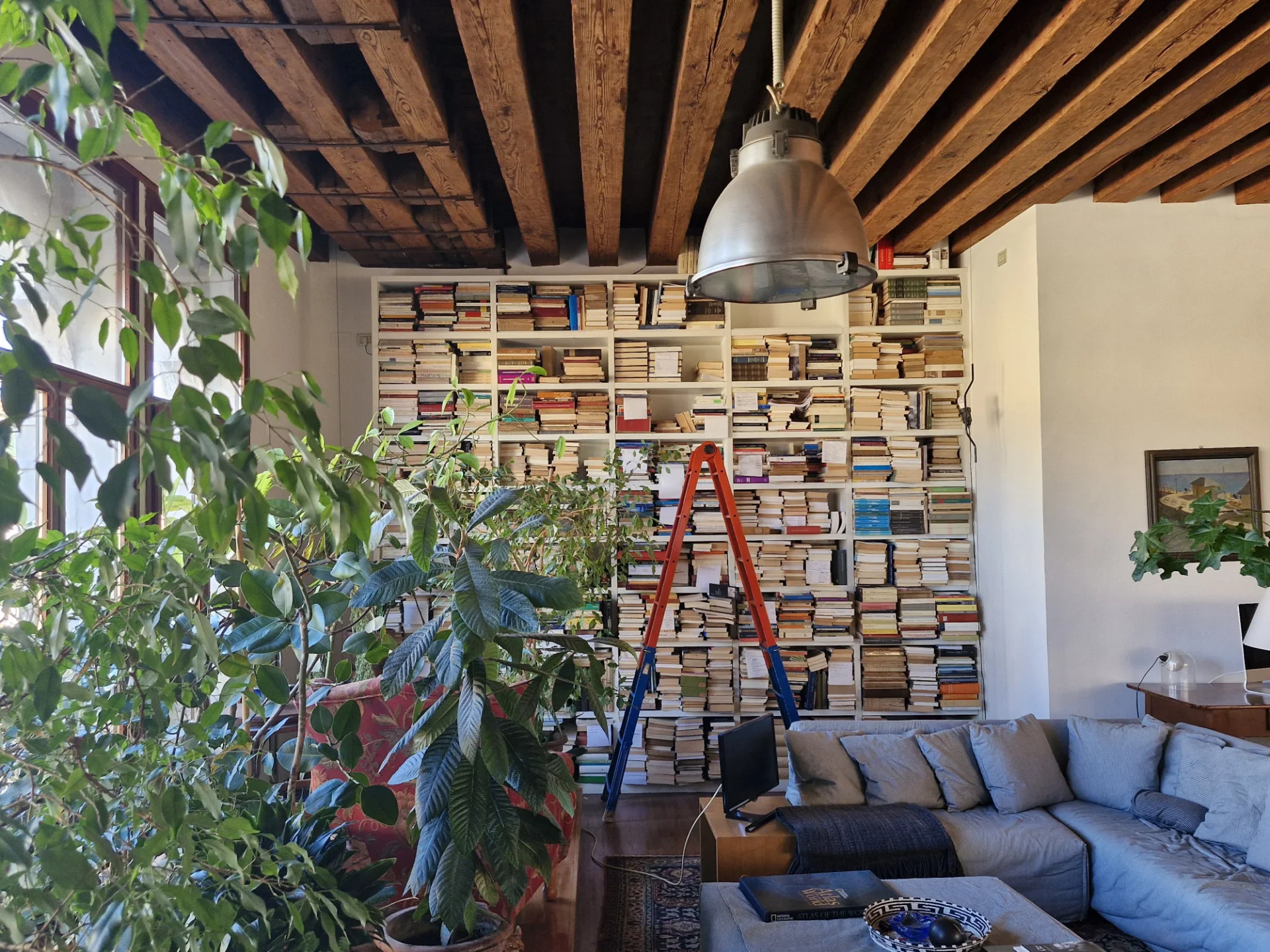 Grande libreria bianca a muro carica di libri nello studio dello storico Giovanni Levi